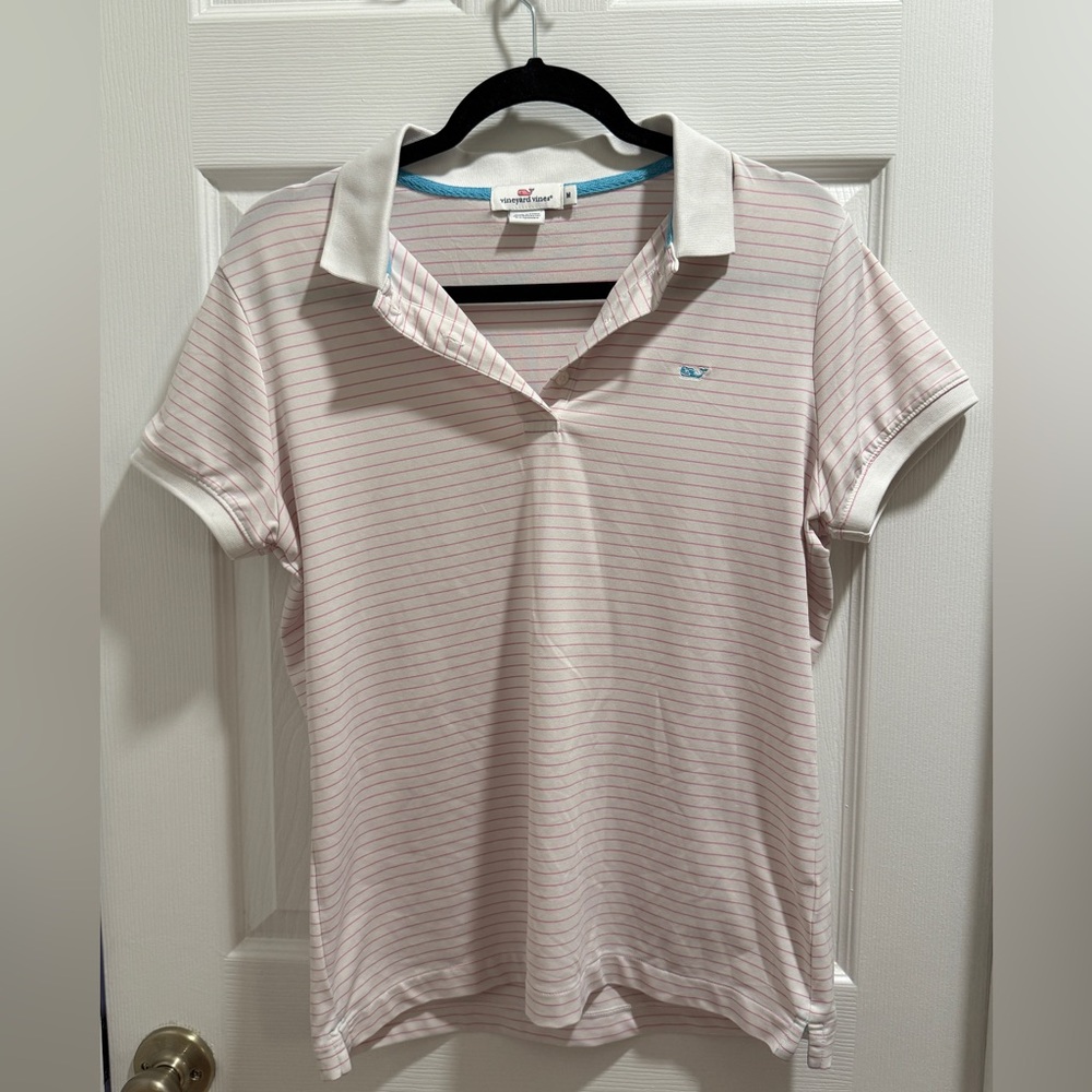 Vineyard Vines Pink and White Striped Button Down Golf Polo